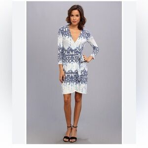 BCBGMaxAzria Adele Blue and White Long Sleeve wrap Dress - medium